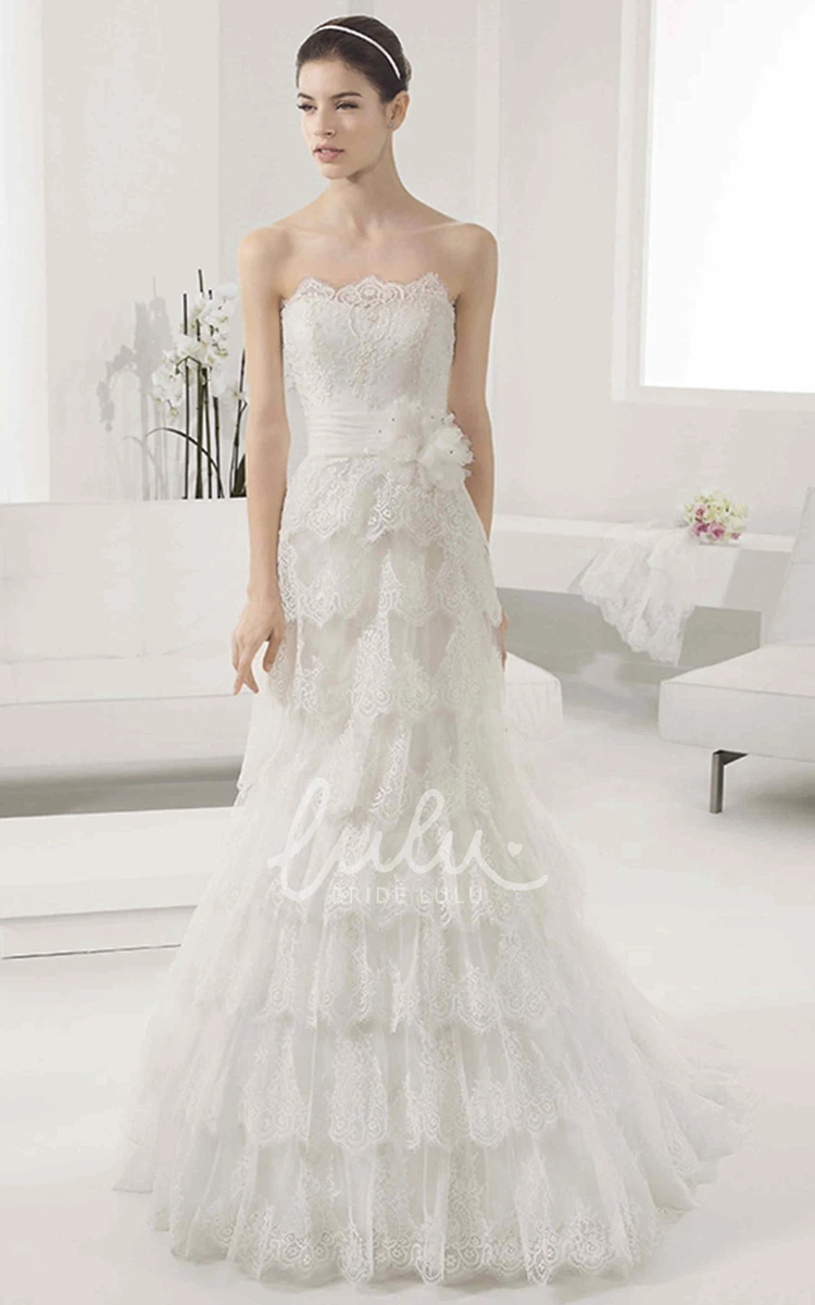 Lace Ball Gown with Scalloped Neck Waist Flower and Layered Skirt Gorgeous Bridal Dress