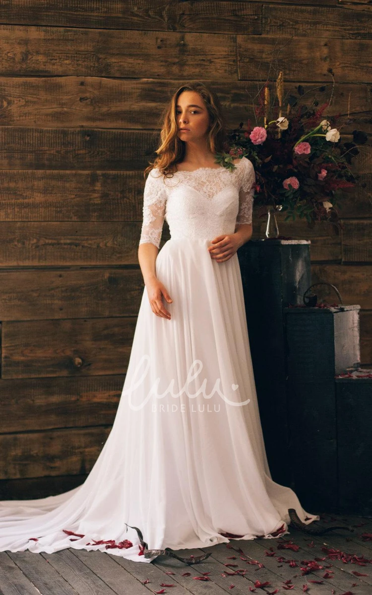 Romantic Lace Bodice Chiffon Dress with 3/4 Sleeves for Weddings