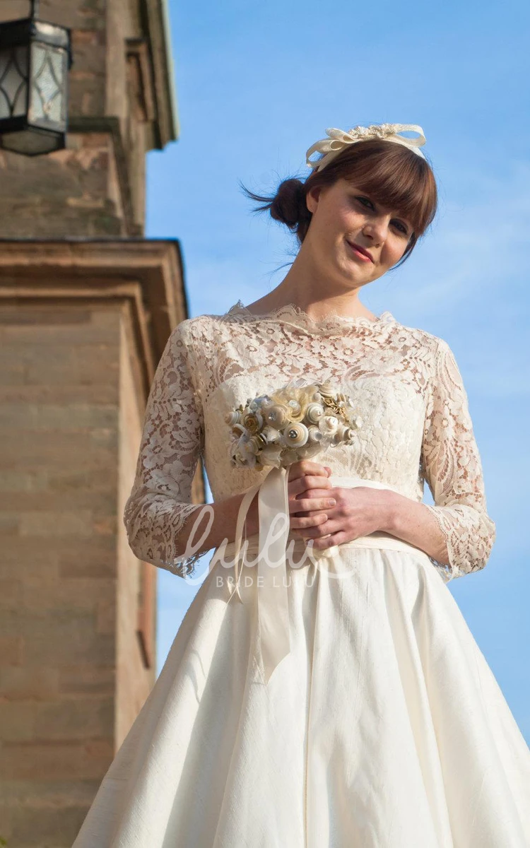 1950s Tea-Length Taffeta Wedding Dress High Neck Long Sleeve and Pleated A-Line