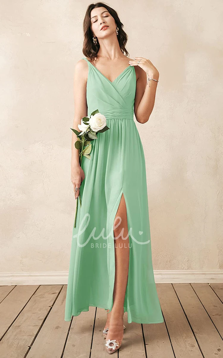 Sleeveless V-neck Chiffon A-line Bridesmaid Dress with Ruching Elegant