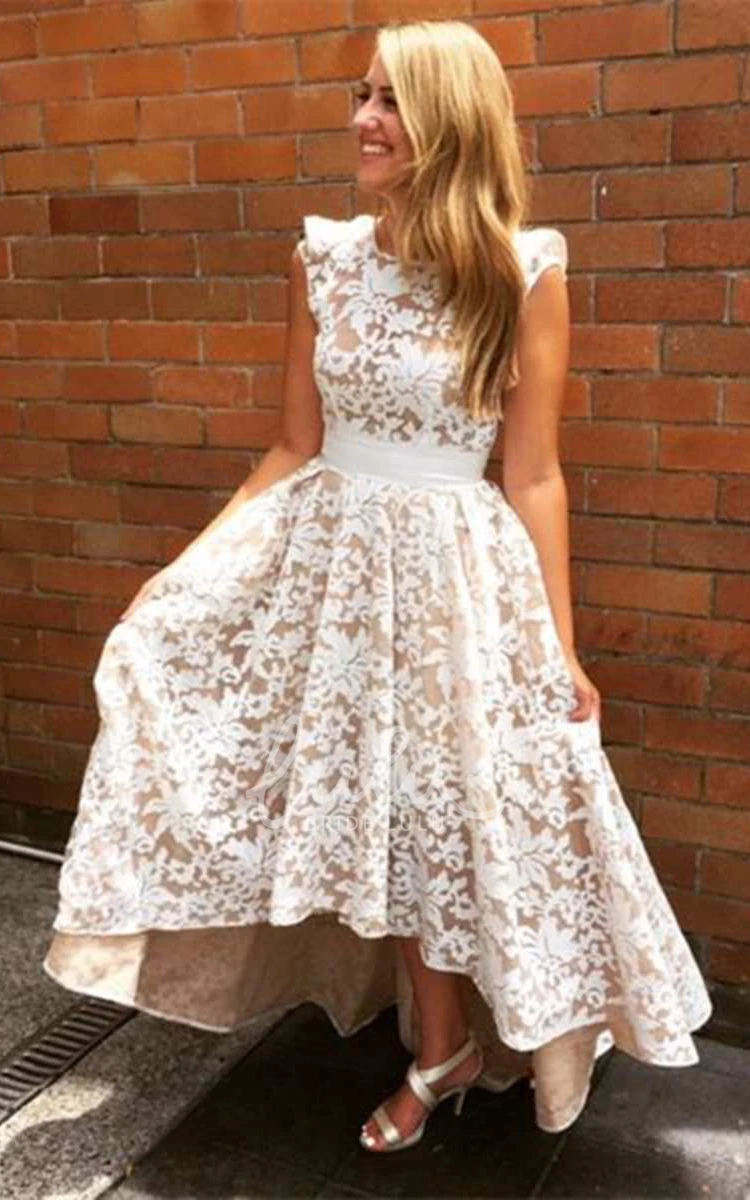 Lace Cap Sleeve High Low Formal Dress with Bandage Waist
