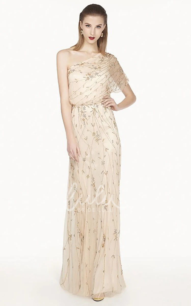 Embroidered One Shoulder Tulle Prom Dress with Batwing Sleeve Long