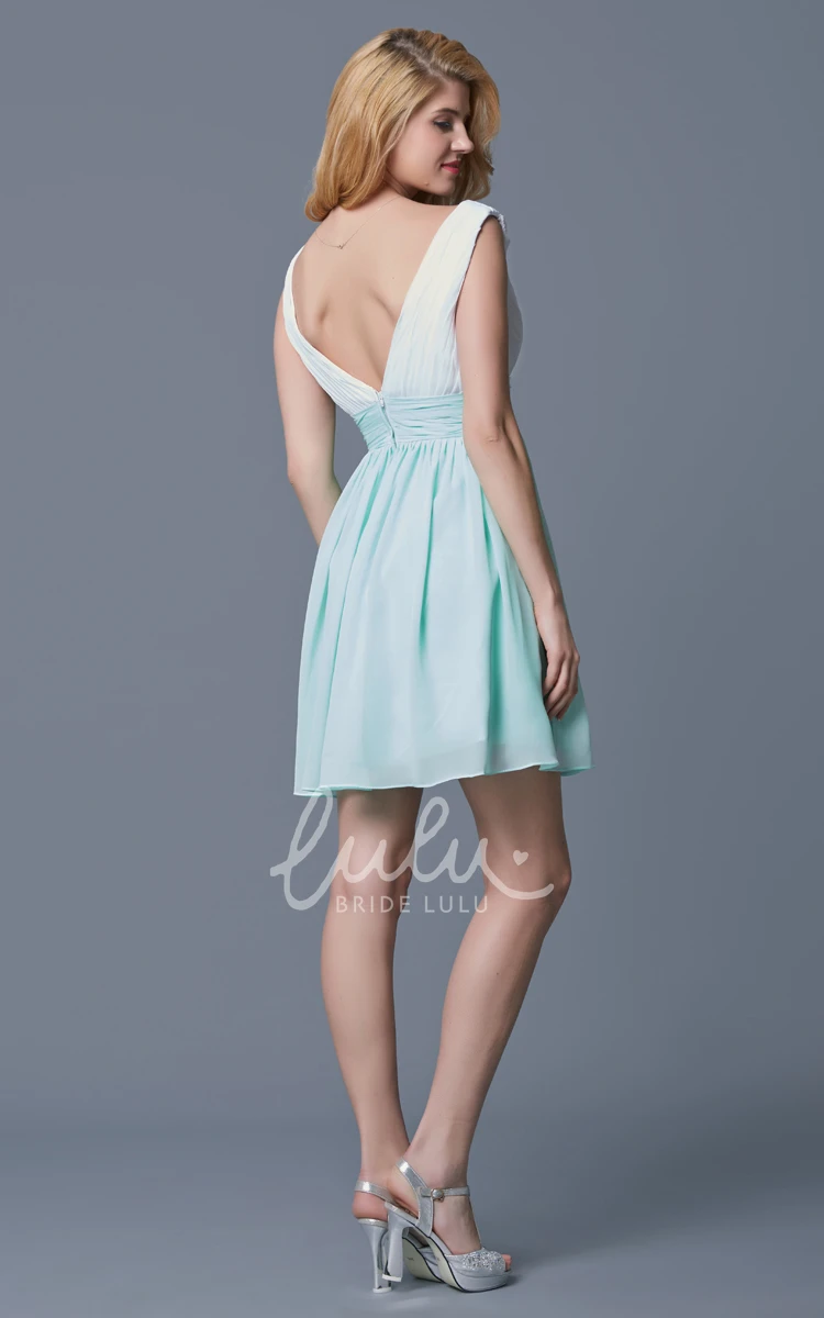 A-line Sleeveless Pleated Chiffon Bridesmaid Dress With Flower Belt Short Classy Unique