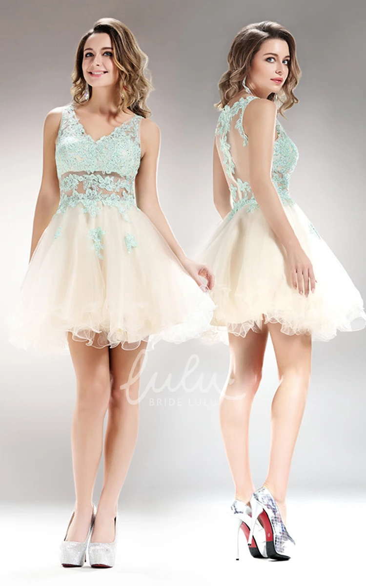 Mini V-Neck Lace Illusion Dress with Appliques for Bridesmaids in A-Line Style