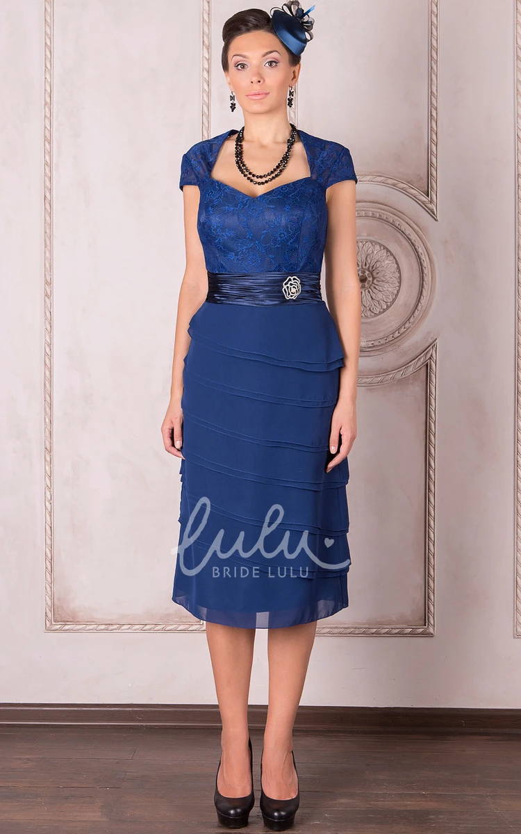 Chiffon Knee-Length Mother of the Bride Dress with Cap Sleeves and Square Neck