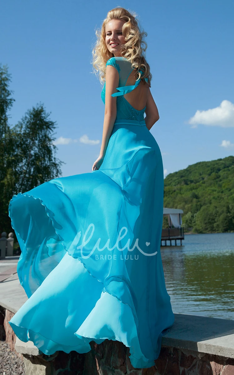 Jewel-Neck Chiffon Prom Dress with Bow Appliqued Cap-Sleeve Long