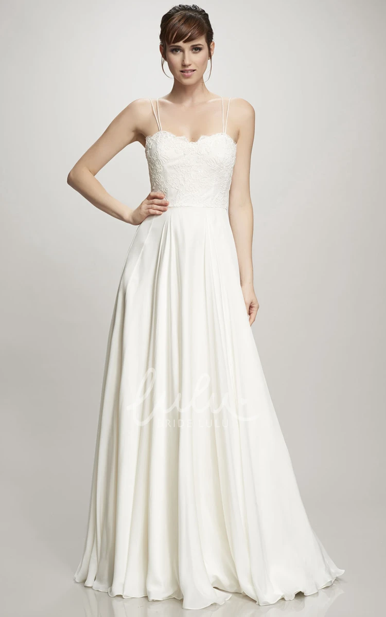 Chiffon Spaghetti Wedding Dress with Appliques Long Pleated