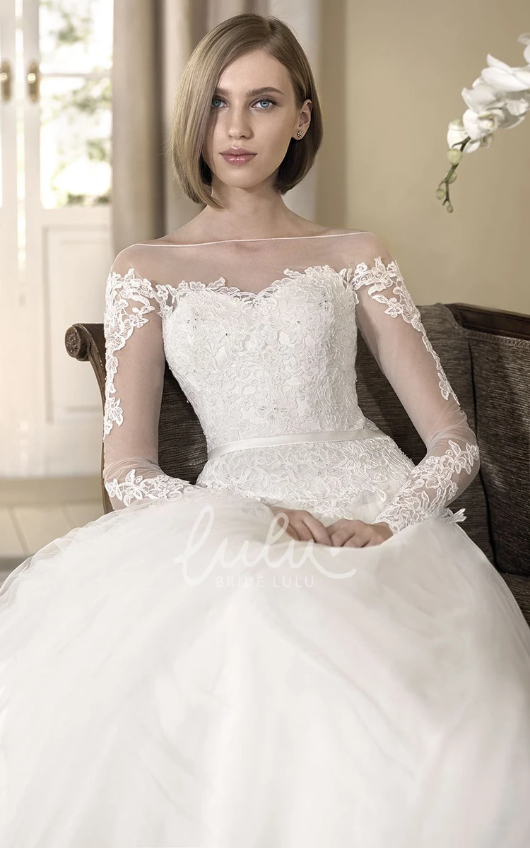 Off-The-Shoulder Tulle&Lace A-Line Wedding Dress with Long Sleeves and Floor-Length Design