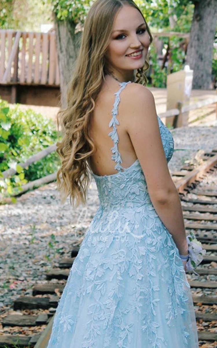 Lace A Line Prom Dress with V-neck and Floor-length