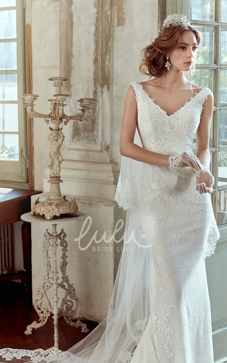 Sheath Wedding Dress with Low V-Back and Court Train Flowy Sheath Wedding Dress with Low V-Back