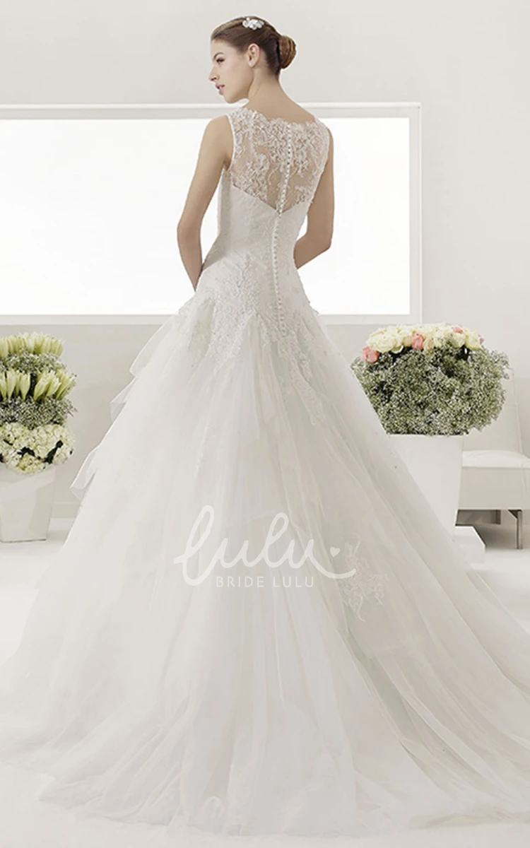 Bateau Neck Lace Drop Waist Bridal Gown with Layered Tulle Skirt Modern Wedding Dress