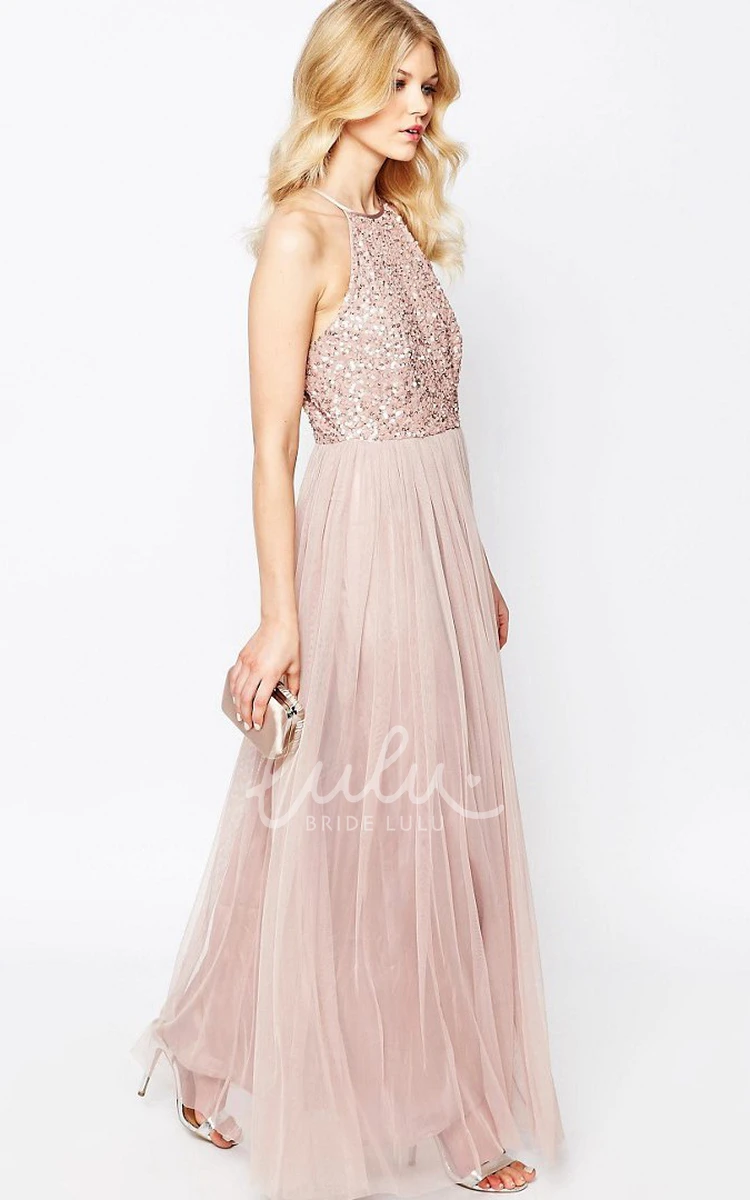 Sequined Tulle High Neck Bridesmaid Dress Sleeveless Floor-Length Sheath