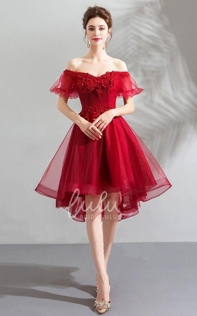 High-Low Strapless Dress with Short Sleeves Flowered Bridesmaid Dress