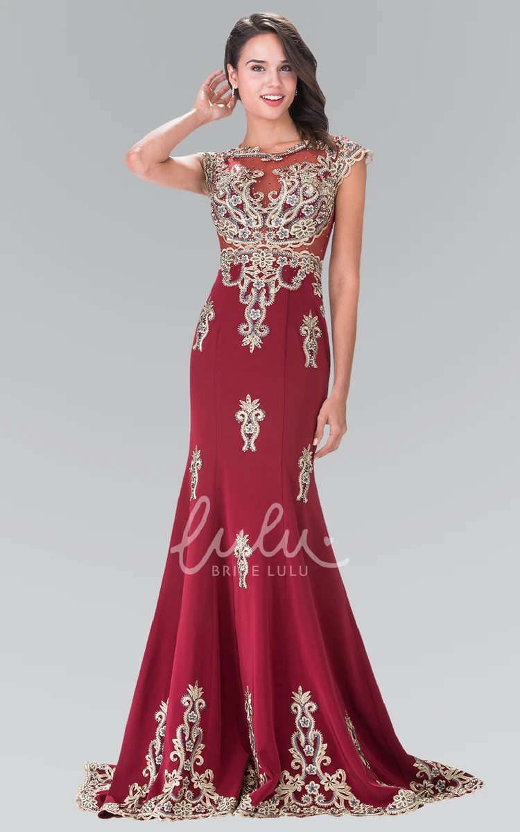 Scoop-Neck Cap-Sleeve Jersey Formal Dress With Appliques and Beading Trumpet Style