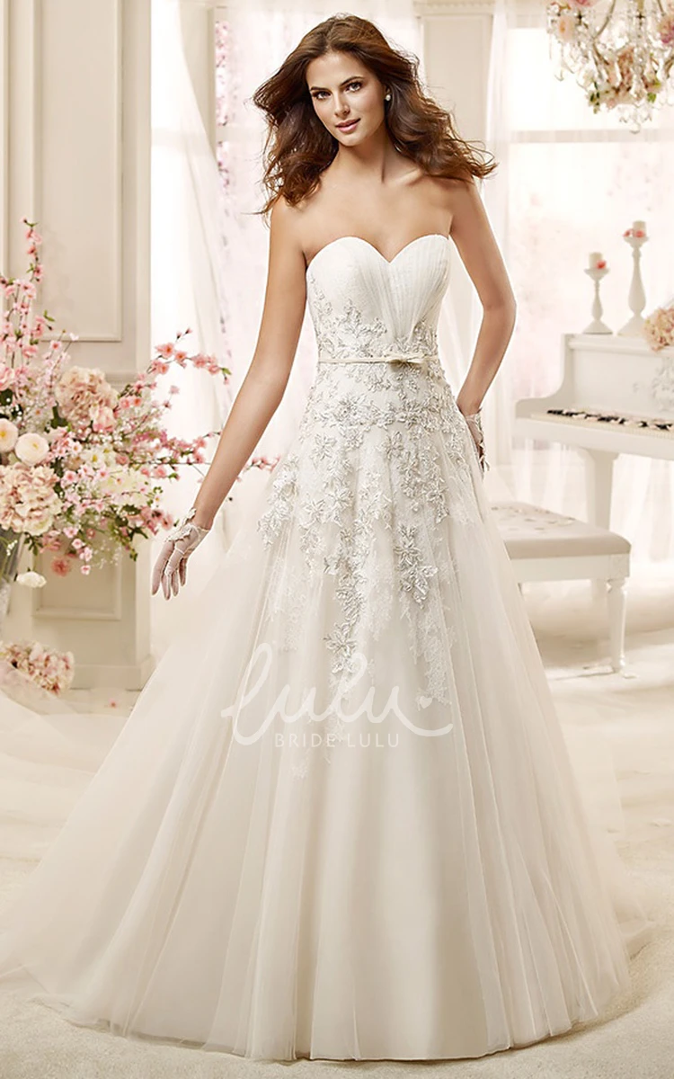 A-line Wedding Dress with Beaded Appliques and Brush Train Sweetheart Style