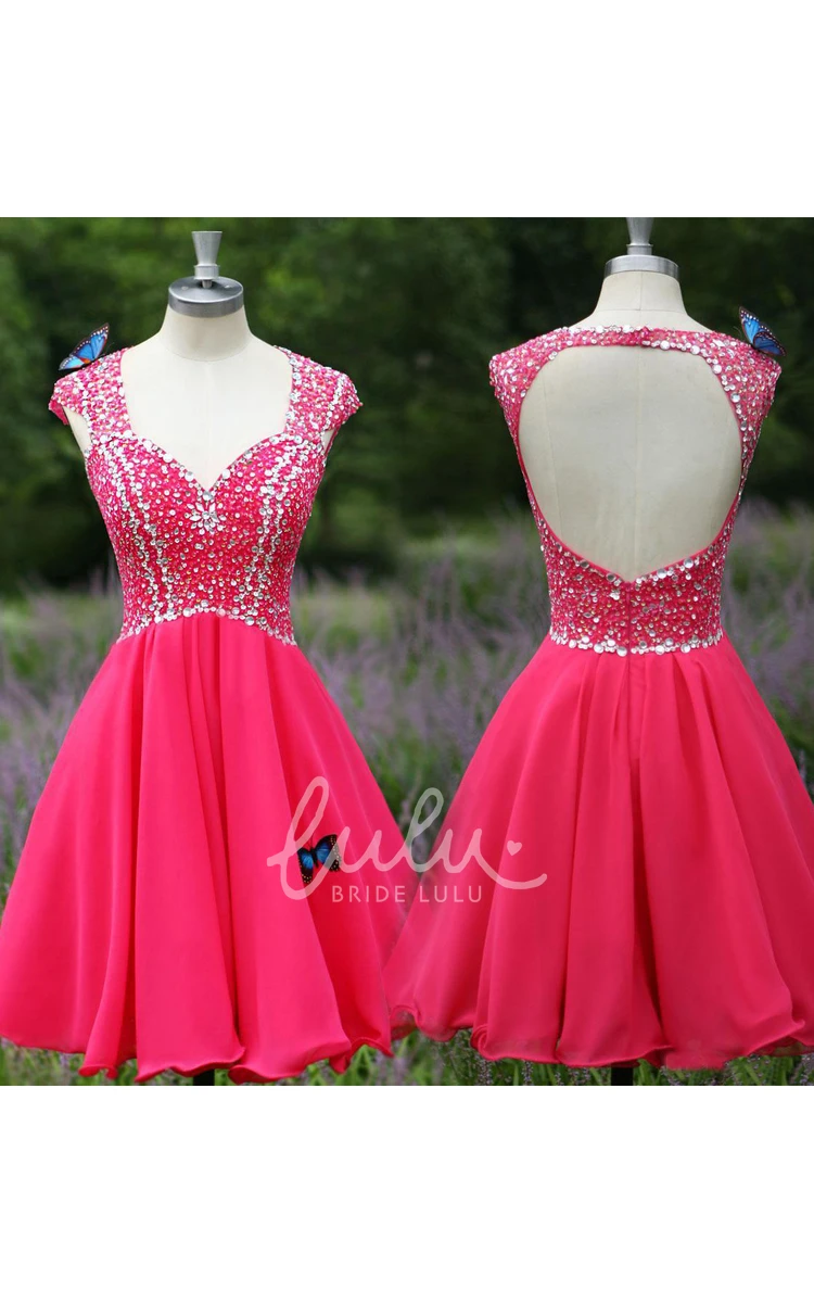 Crystal Embellished V-neck Cap Sleeve Prom Dress