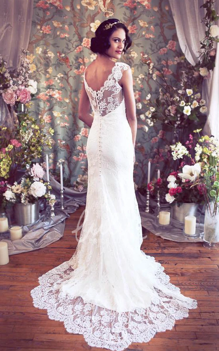 V-Neck Mermaid Lace Wedding Dress with Long Cap Sleeves