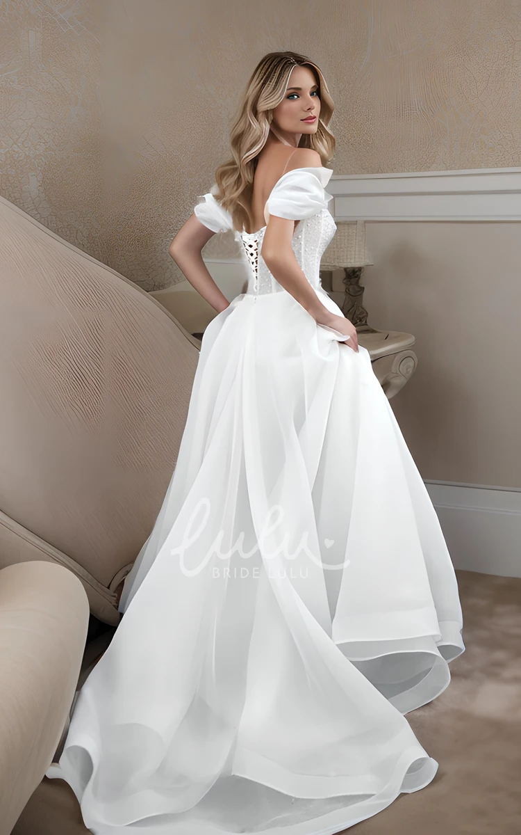 Romantic Beach A-Line Off-the-Shoulder Wedding Dress with Beaded Pearl Decor Stunning Modest Organza Cathedral Train Bridal Gown