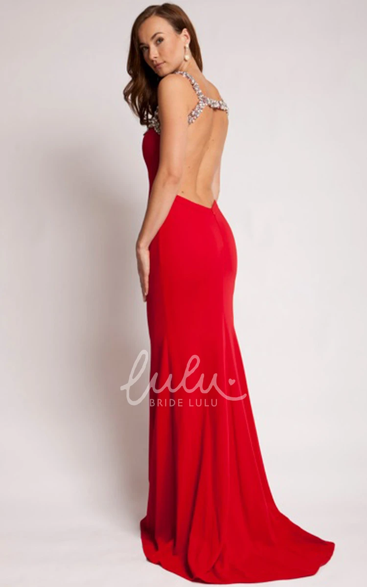 Beaded Square Sleeveless Jersey Prom Dress with Brush Train Elegant Sheath Style