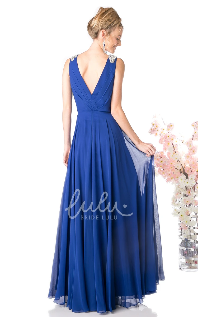 V-Neck Chiffon Pleated Formal Dress with Waist Jewelry A-Line Style