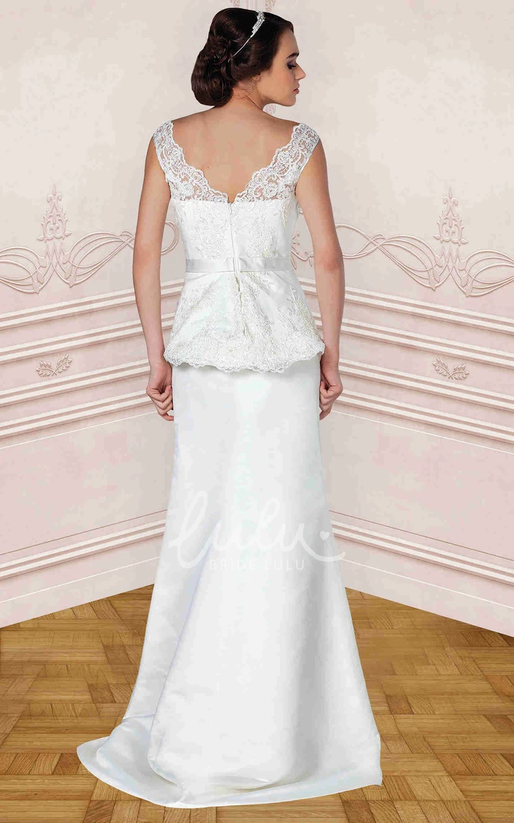 Satin Cap-Sleeve Wedding Dress with Appliques Bateau-Neck Maxi Gown