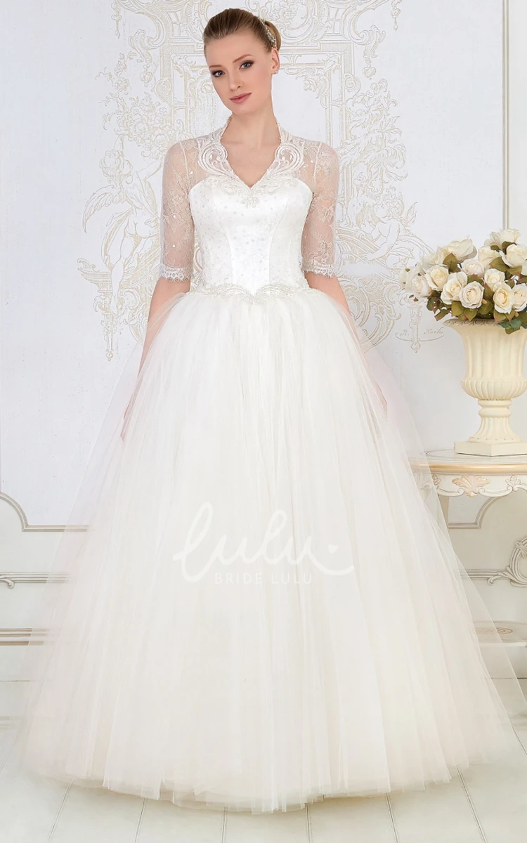 Ball Gown Tulle Wedding Dress V-Neck Illusion-Sleeves Beading Corset Back