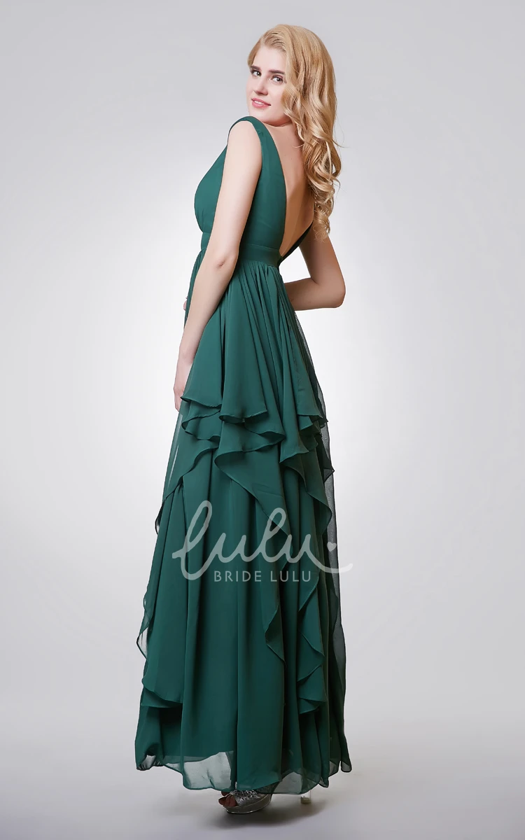 Long Chiffon A-line Bridesmaid Dress with V-neck Sleeveless and Tiers