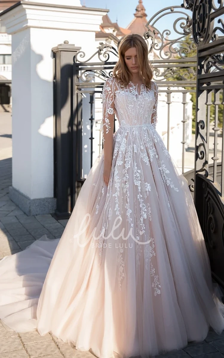 Tulle Long Sleeve A-Line Wedding Dress with Appliques Ethereal and Classy