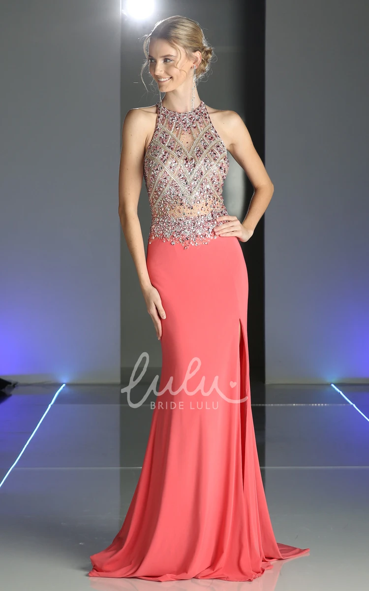 Illusion Sheath Jersey Formal Dress with Jewel Neckline Beading and Split Front