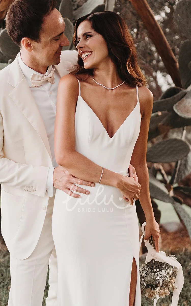 Elegant V-Neck Satin Sheath Wedding Dress with Split Front