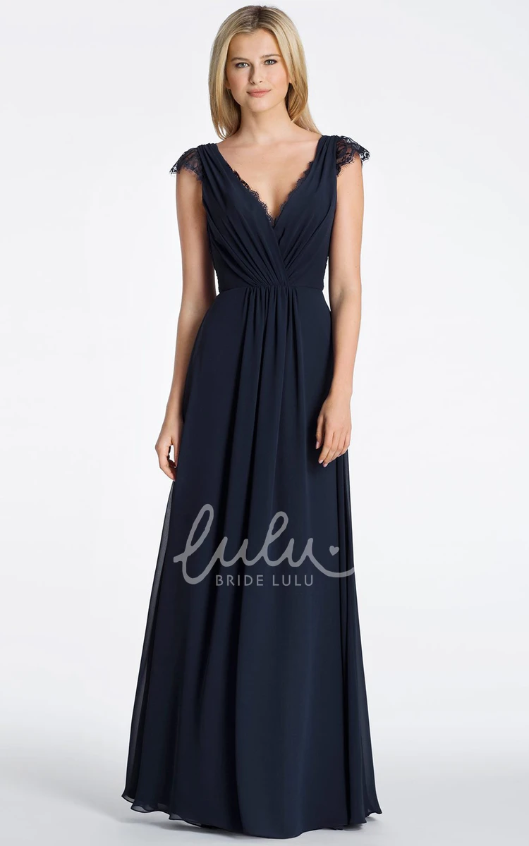 A-Line Chiffon Bridesmaid Dress with Cap-Sleeves Long Ruched V-Neck Lace and Keyhole Back