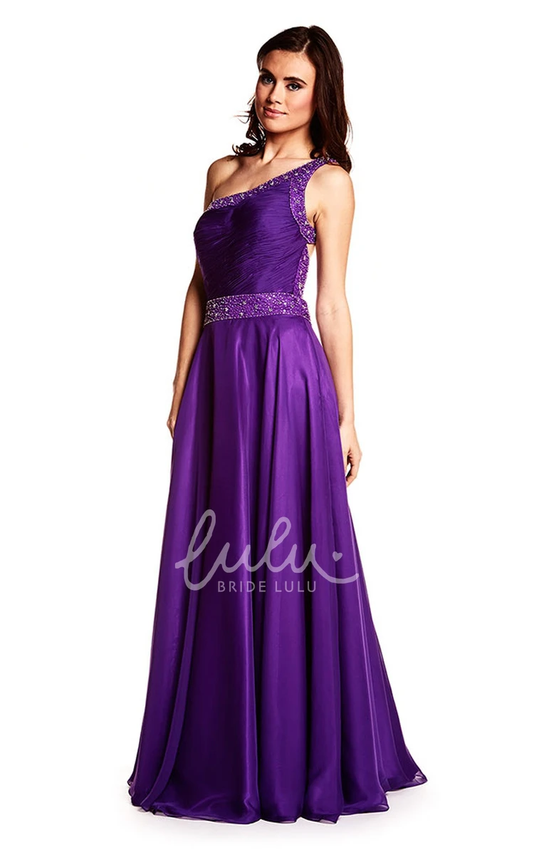 One-Shoulder A-Line Satin Prom Dress with Beading Sleeveless Ruched Floor-Length