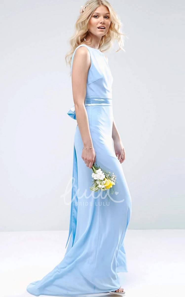 High Neck Sleeveless Chiffon Bridesmaid Dress with Bow Sheath Style