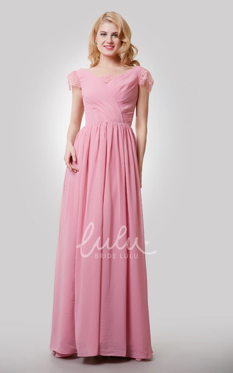 Cap Sleeve V-Neck Chiffon Dress Unique Bridesmaid Dress