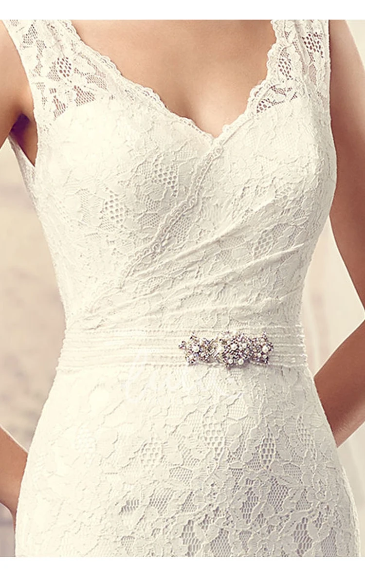 V-Neck Jeweled Lace Wedding Dress with Brush Train Floor-Length Style