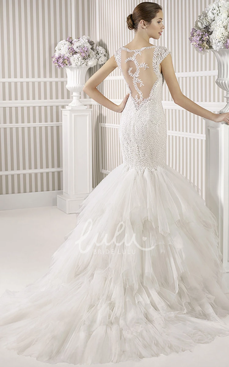 Mermaid Tulle Wedding Dress with Cascading-Ruffle Flower and Beading in Floor-Length