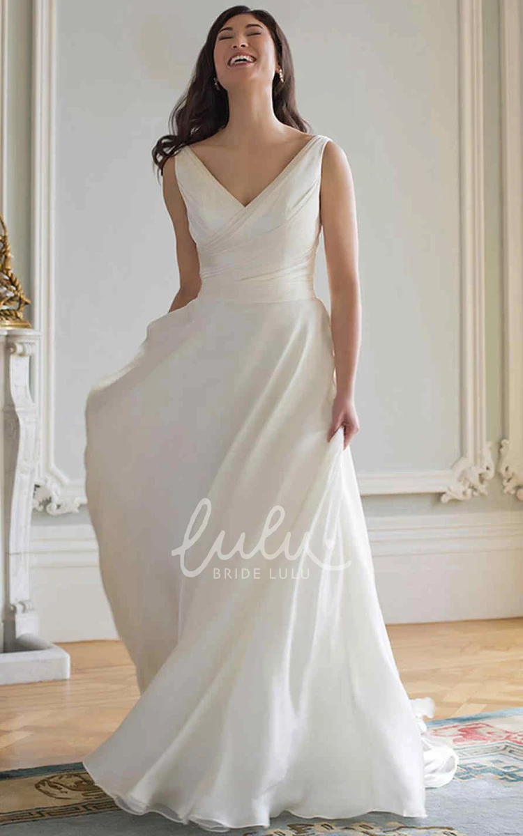 Chiffon V-Neck Ruched Wedding Dress with Long Sleeves Elegant Bridal Gown