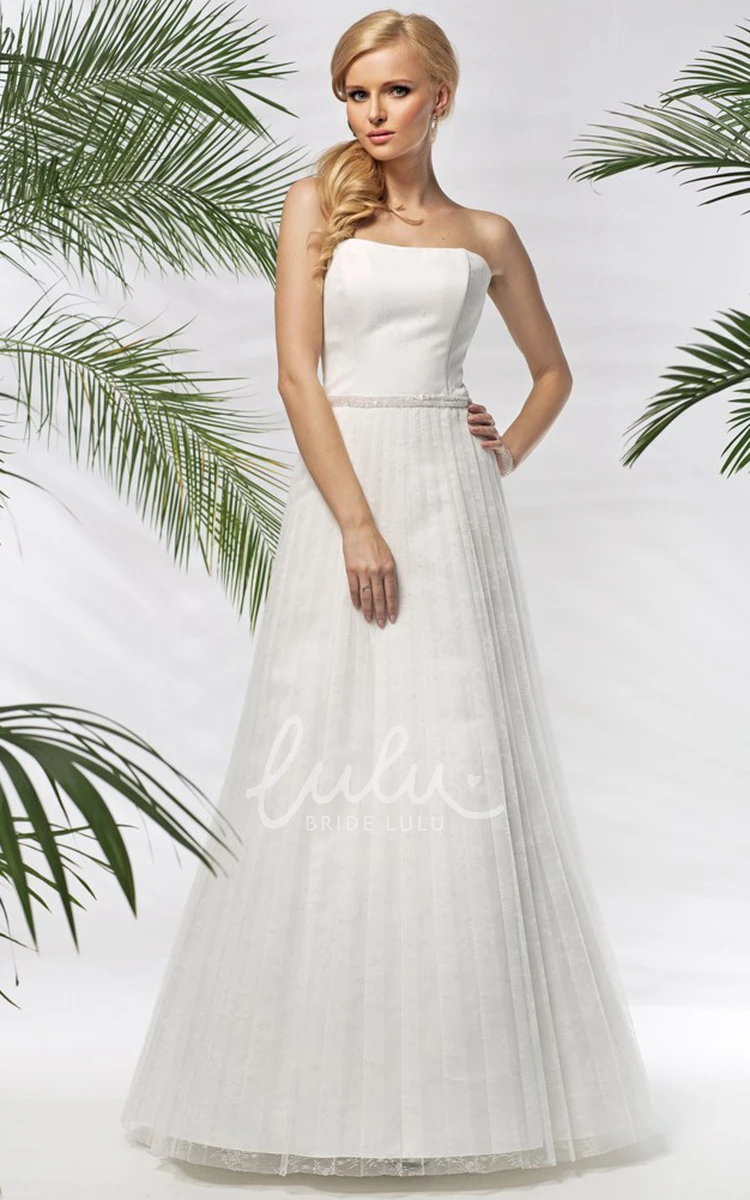 Long Strapless Satin & Tulle Wedding Dress A-Line Pleated Jeweled