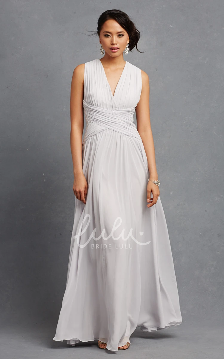 V-Neck Sleeveless Chiffon Dress with Ruching and Crisscross Detail