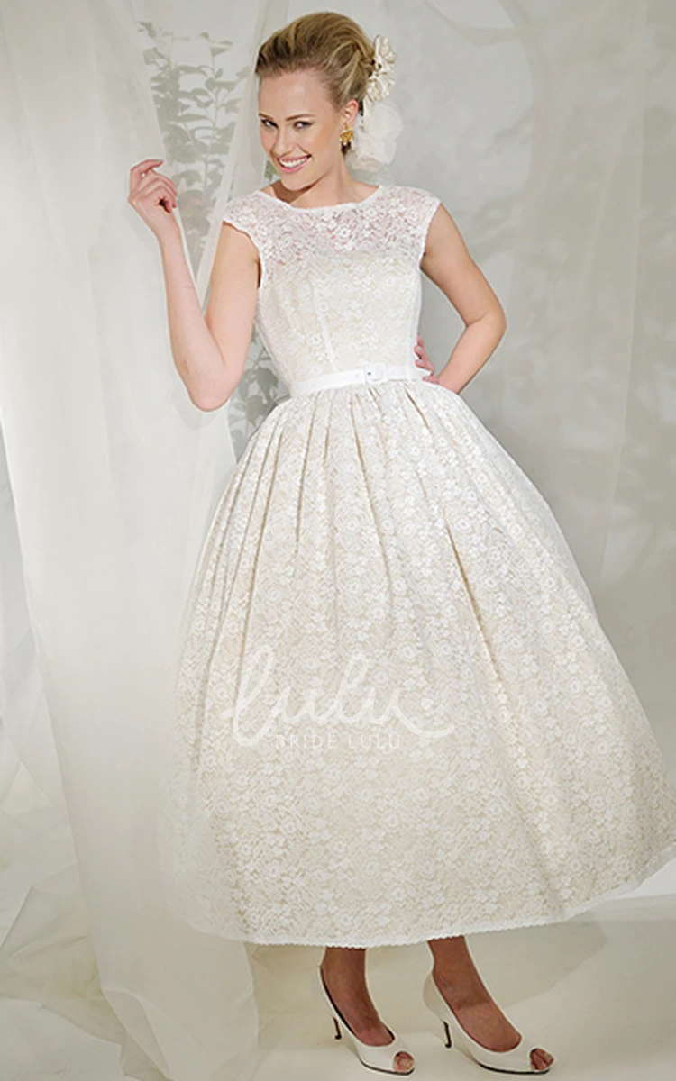 A-Line Cap Sleeve Lace Wedding Dress with Ribboned Scoop Neck Tea-Length