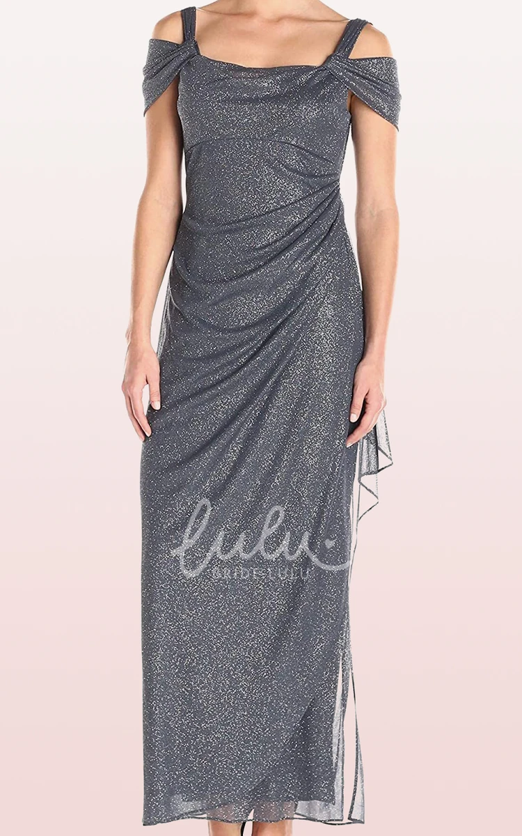 Ankle-length Sequins Off-the-shoulder Mother Dress with Draping and Split Front Elegant Mother Dress