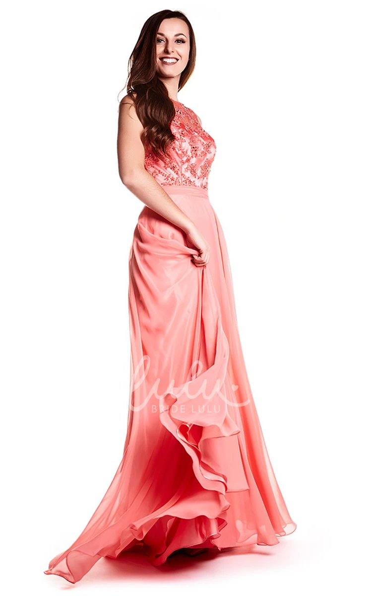 A-Line Sleeveless Appliqued Prom Dress with Brush Train and Illusion Back Elegant Prom Dress