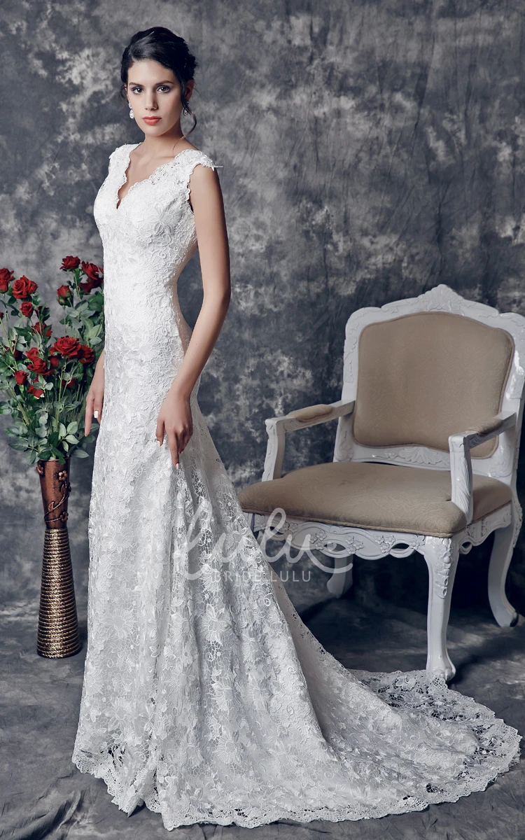 Trumpet Wedding Dress with Vintage-Inspired V-Shaped Back Cutout and Brush Train