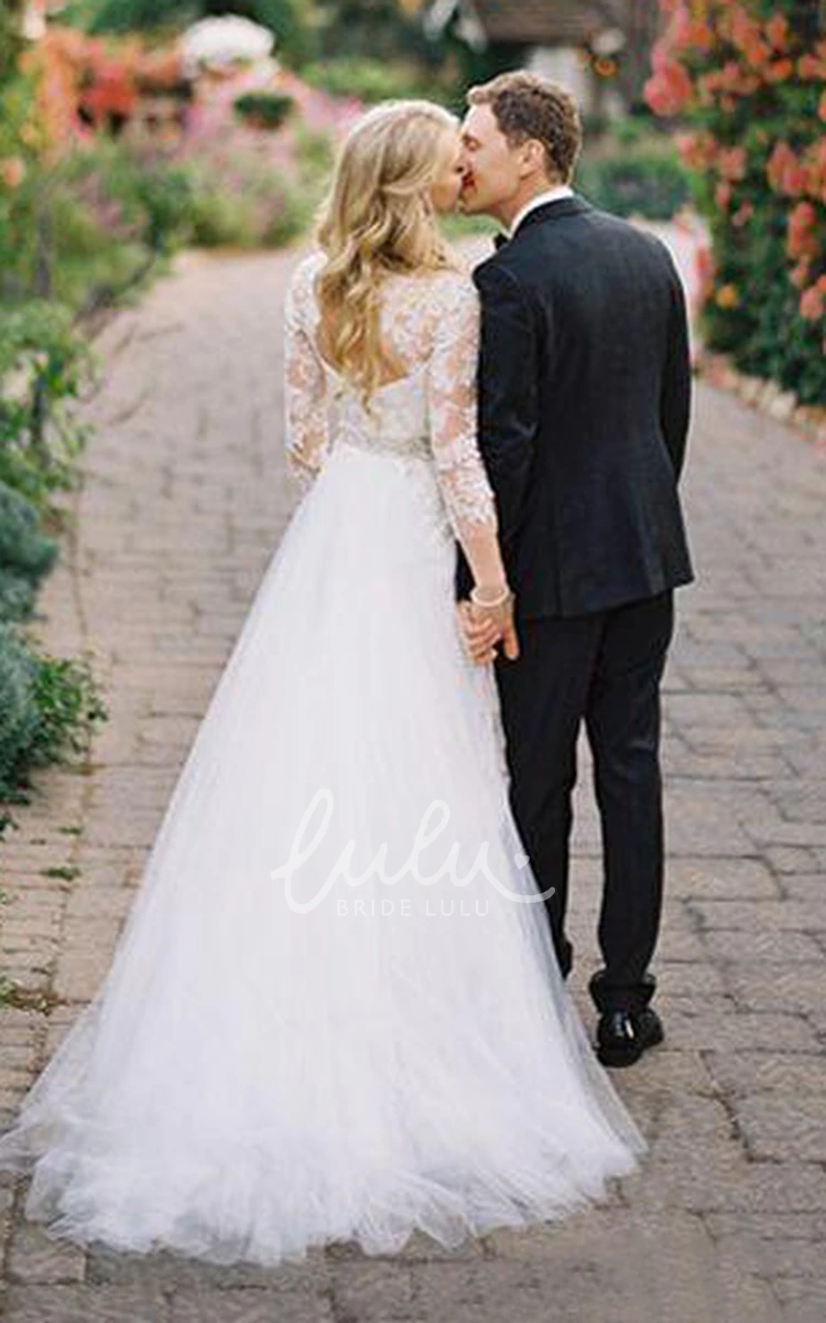 A-Line V-Neck Tulle Lace Wedding Dress with Open Back