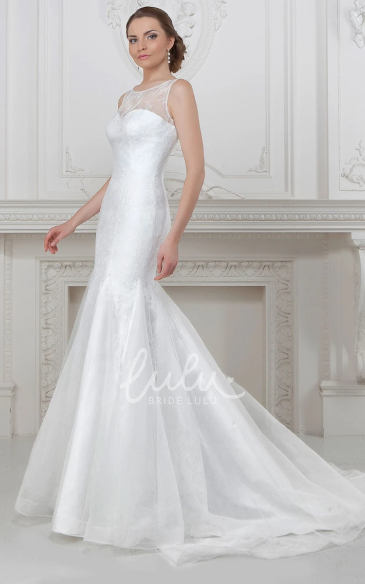 Sleeveless Sheath Wedding Dress with Appliqued Lace and Satin Scoop-Neck Long