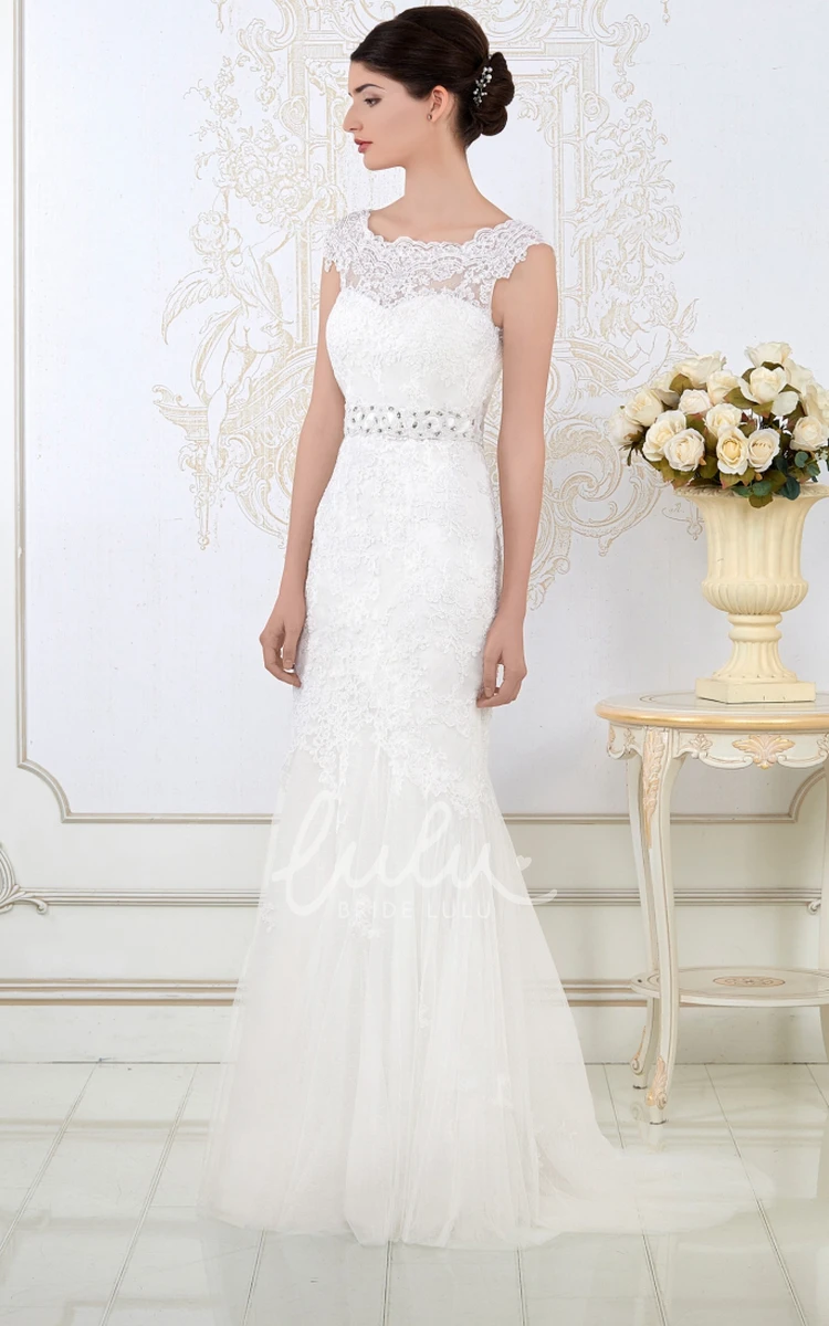 Sheath Lace Wedding Dress with Cap-Sleeves Bateau-Neck Waist Jewellery