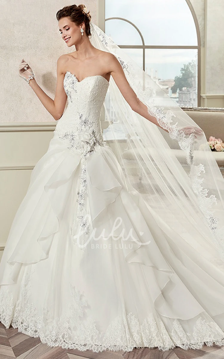 A-Line Wedding Dress with Asymmetrical Ruffles and Fine Appliques Sweetheart Style