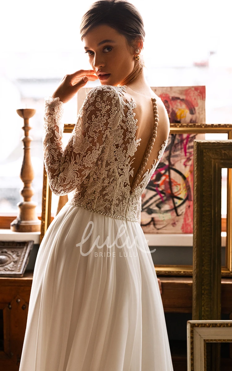 Romantic Lace Chiffon Wedding Dress with Button Back A-Line V-Neck
