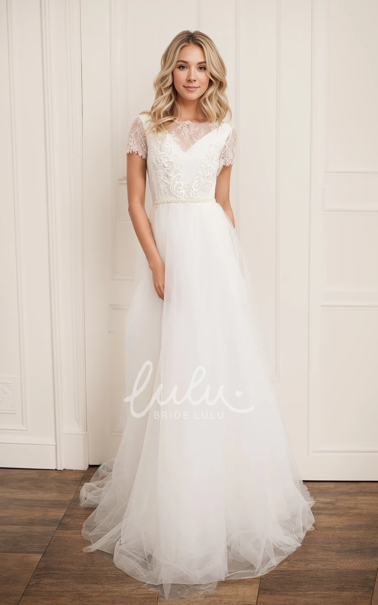 Modest Simple Bohemian Lace A-Line Tulle Wedding Dress Sexy Ethereal Boat Neck Backless Short Sleeve Bridal Gown with Sweep Train