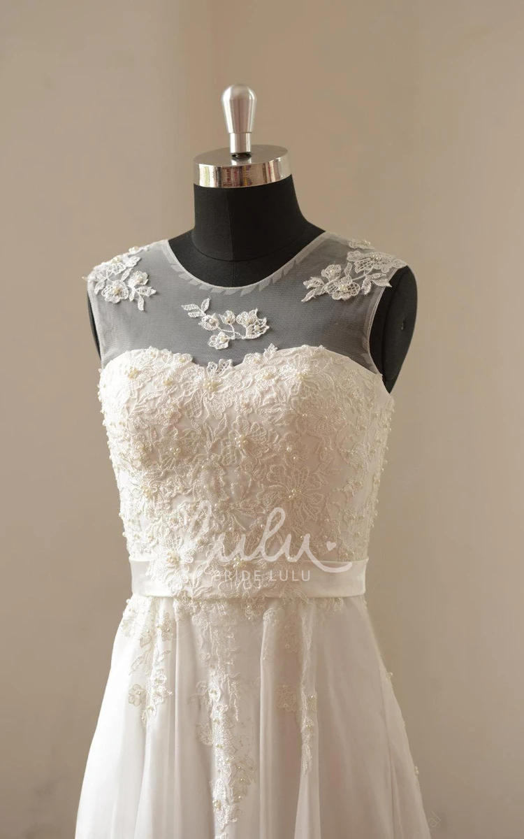 Bridal Gown with Chiffon Lace Pearls and Pleats Jewel Neckline